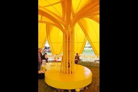Tonkin Liu’s giant yellow fresh flower pavilion, designed in collaboration with Corus